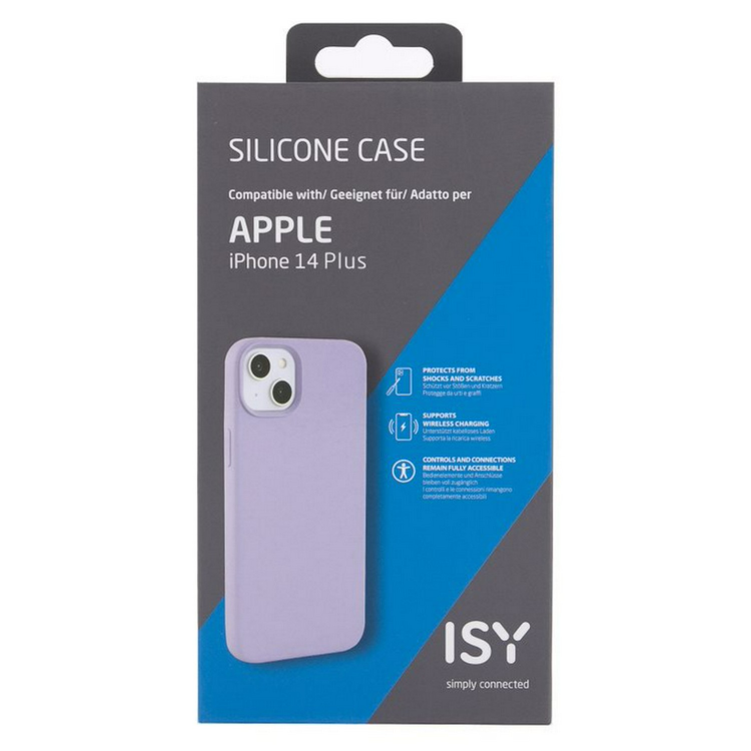 Coque de téléphone lilas sur un emballage. Compatible avec iPhone 14 Plus. Texte sur la boîte: SILICONE CASE.