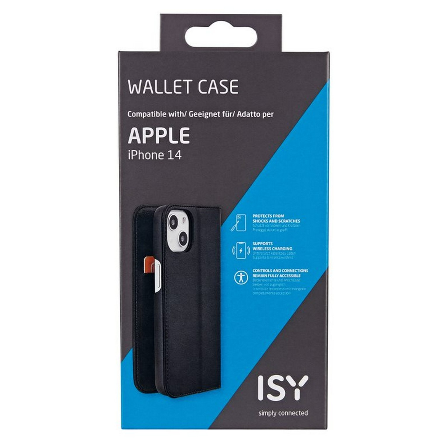 Black iPhone 14 wallet case in a box with branding.