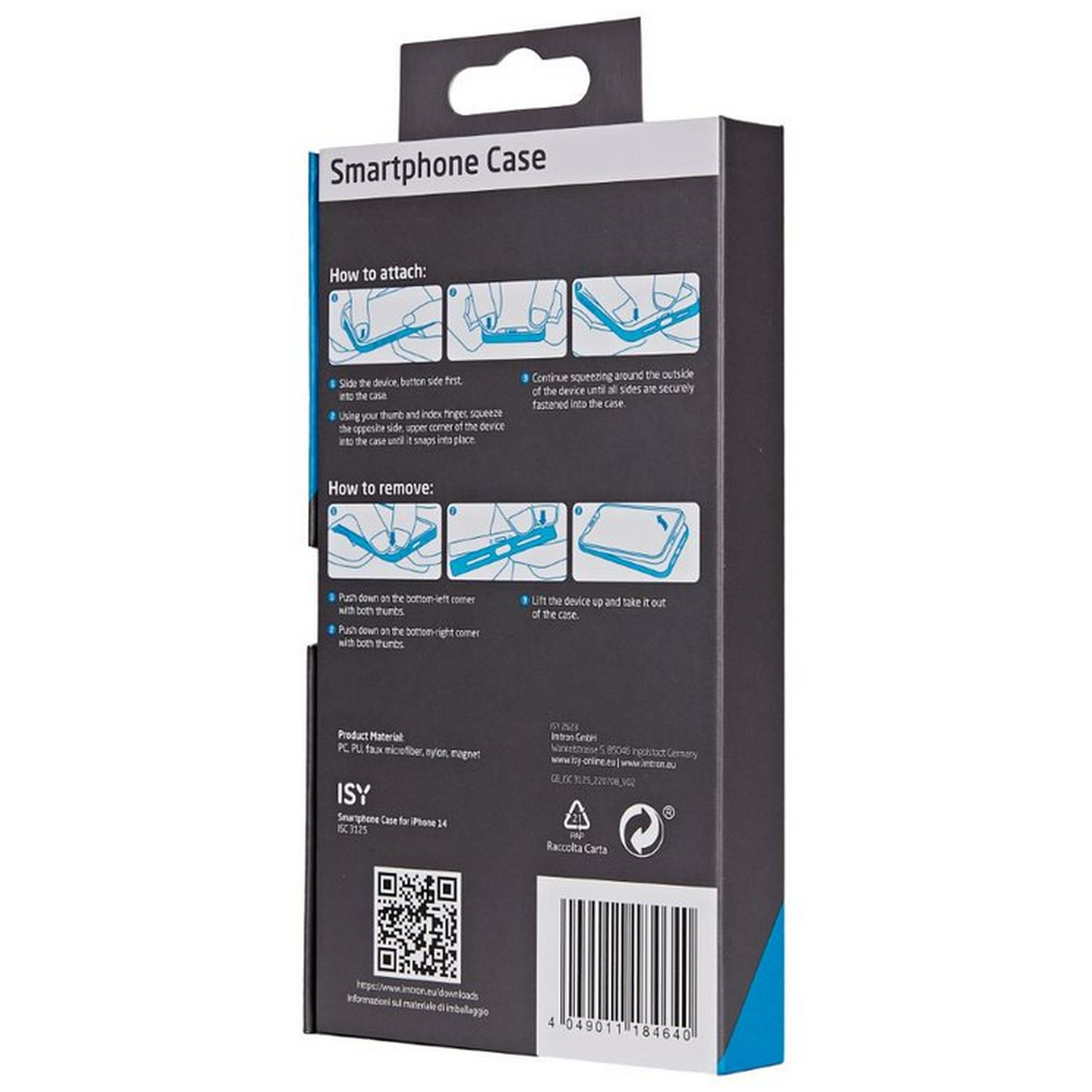 Smartphone case packaging with instructions on how to attach and remove, product details included.