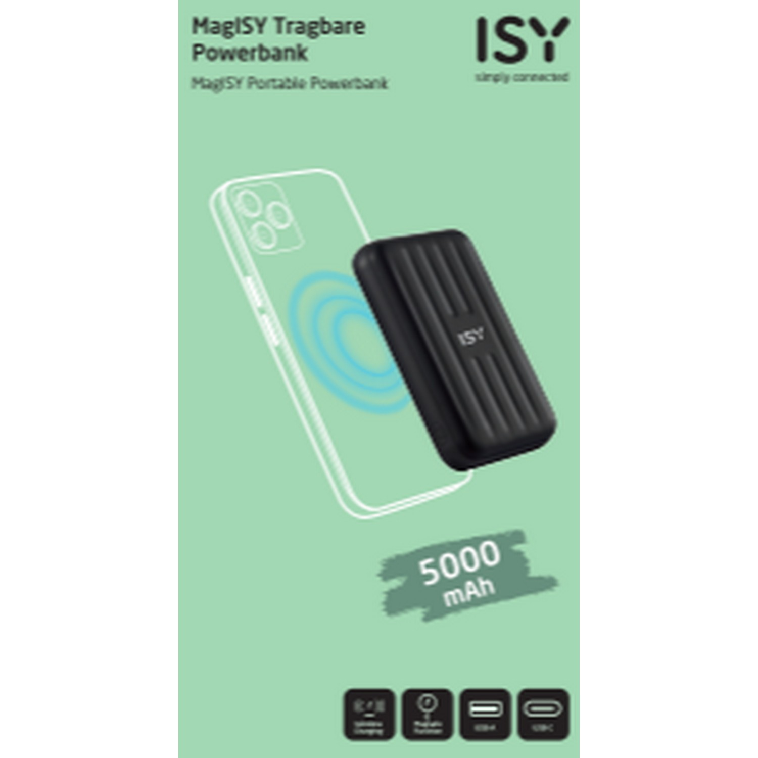 Powerbank verpakking. Toont een telefoon met draadloos opladen. Het heeft 5000 mAh en diverse iconen.