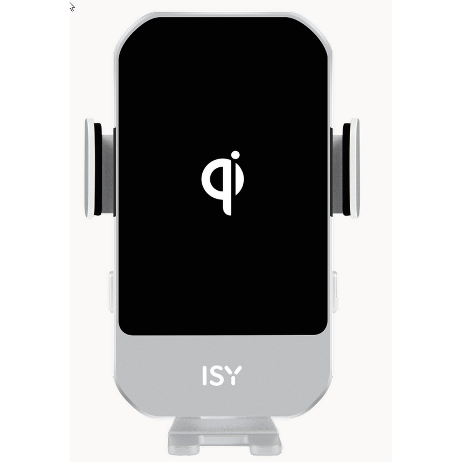 Zwarte en zilveren telefoonhouder. Het heeft een oplaadpad met een qi-logo. De achtergrond is wit.