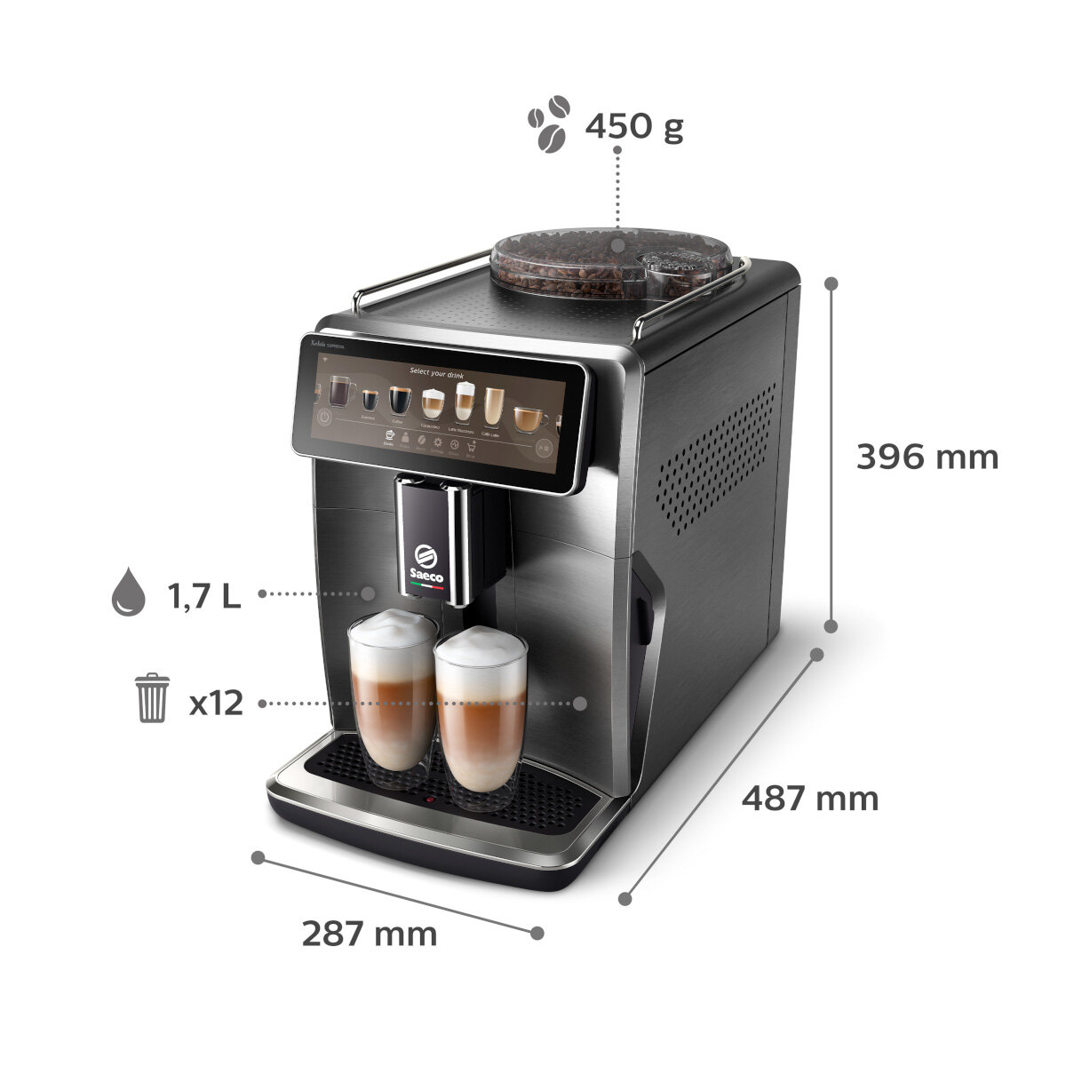 Srebrny ekspres do kawy z wyborami napojów, wymiarami i ikoną ziarna kawy.