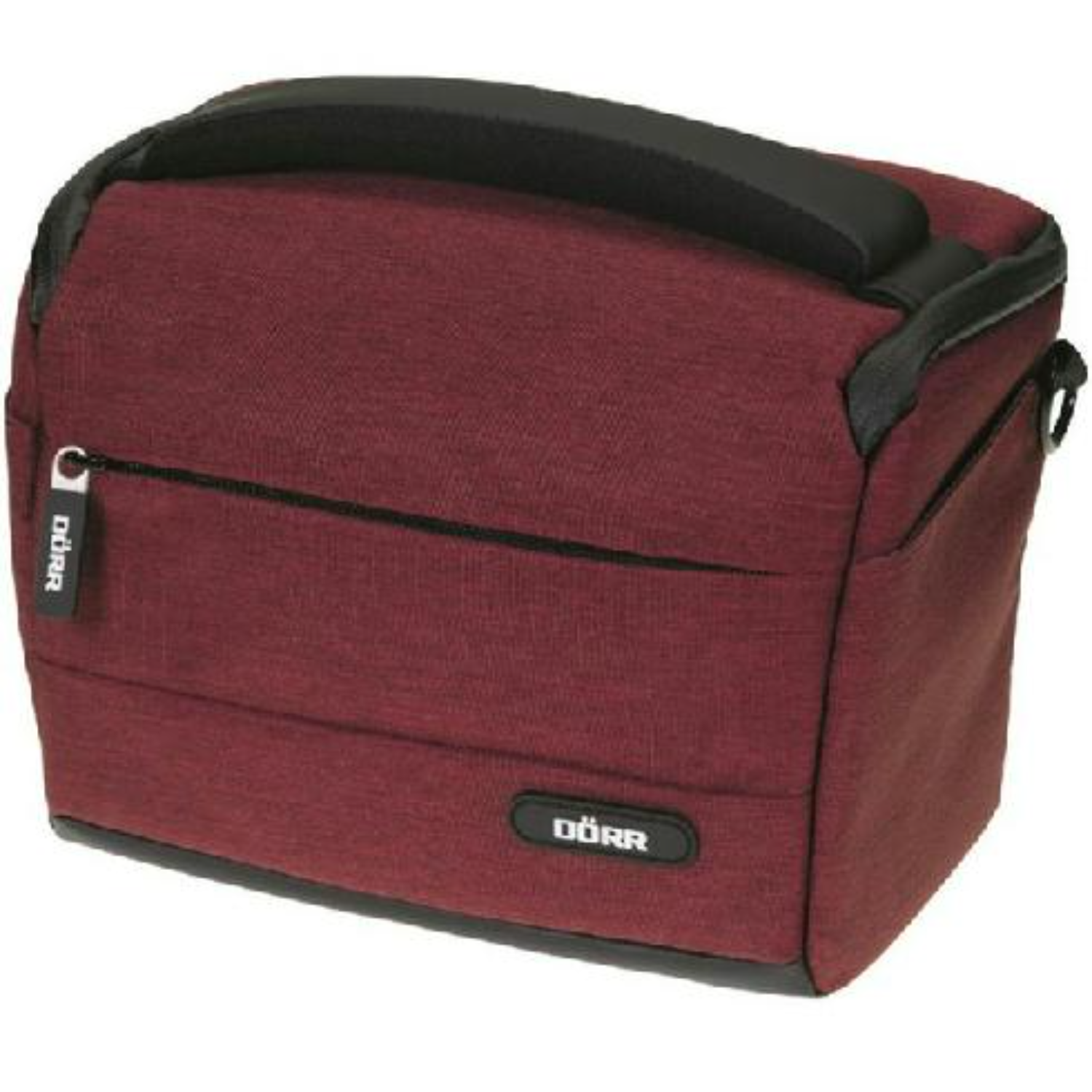 Maroon camera bag with a black handle, a zipper, and the Dörr logo.
