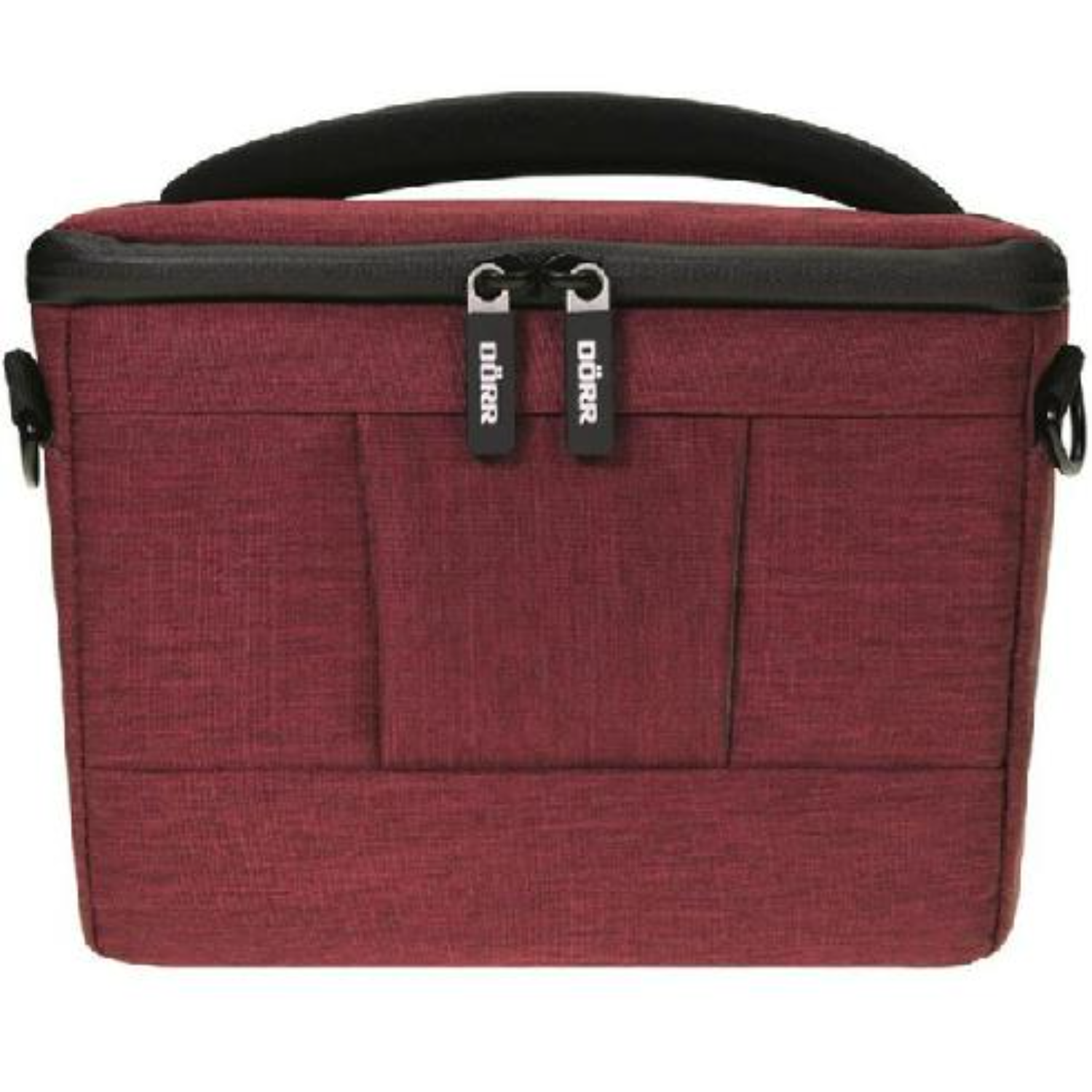 A burgundy camera bag with a handle and zippers, designed for photography.