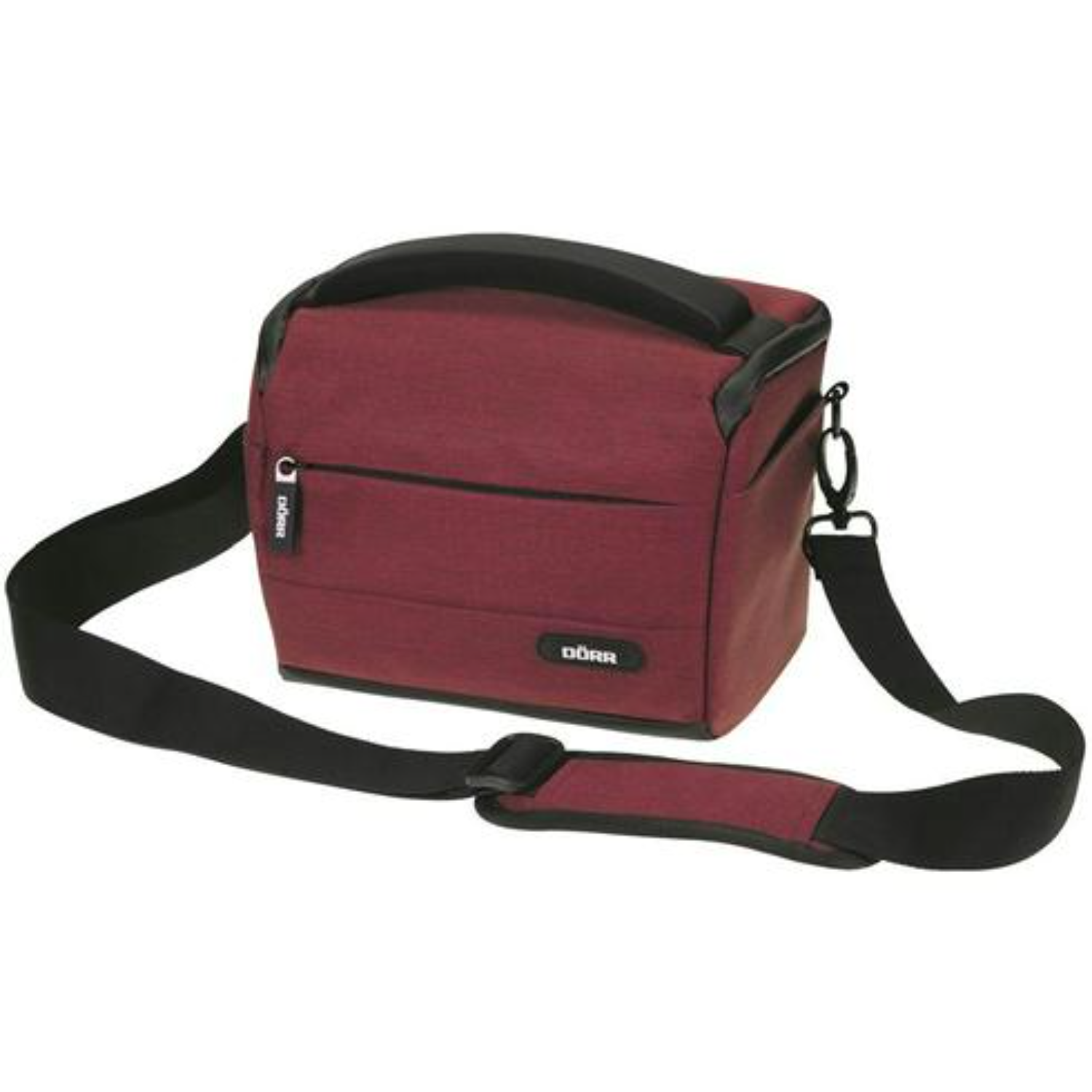 Burgundy camera bag with black handle and strap. The strap is over the shoulder.
