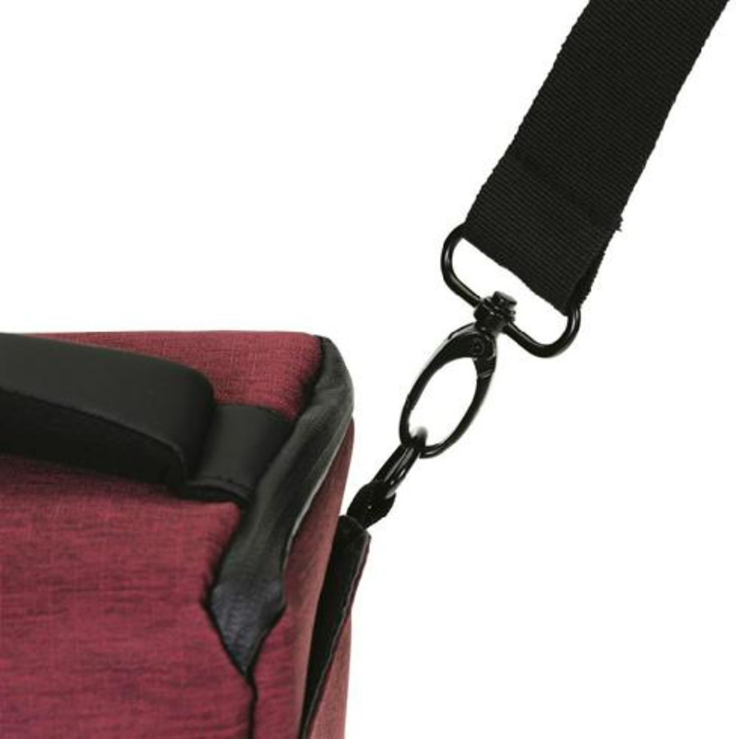 A bag strap with a hook attached.