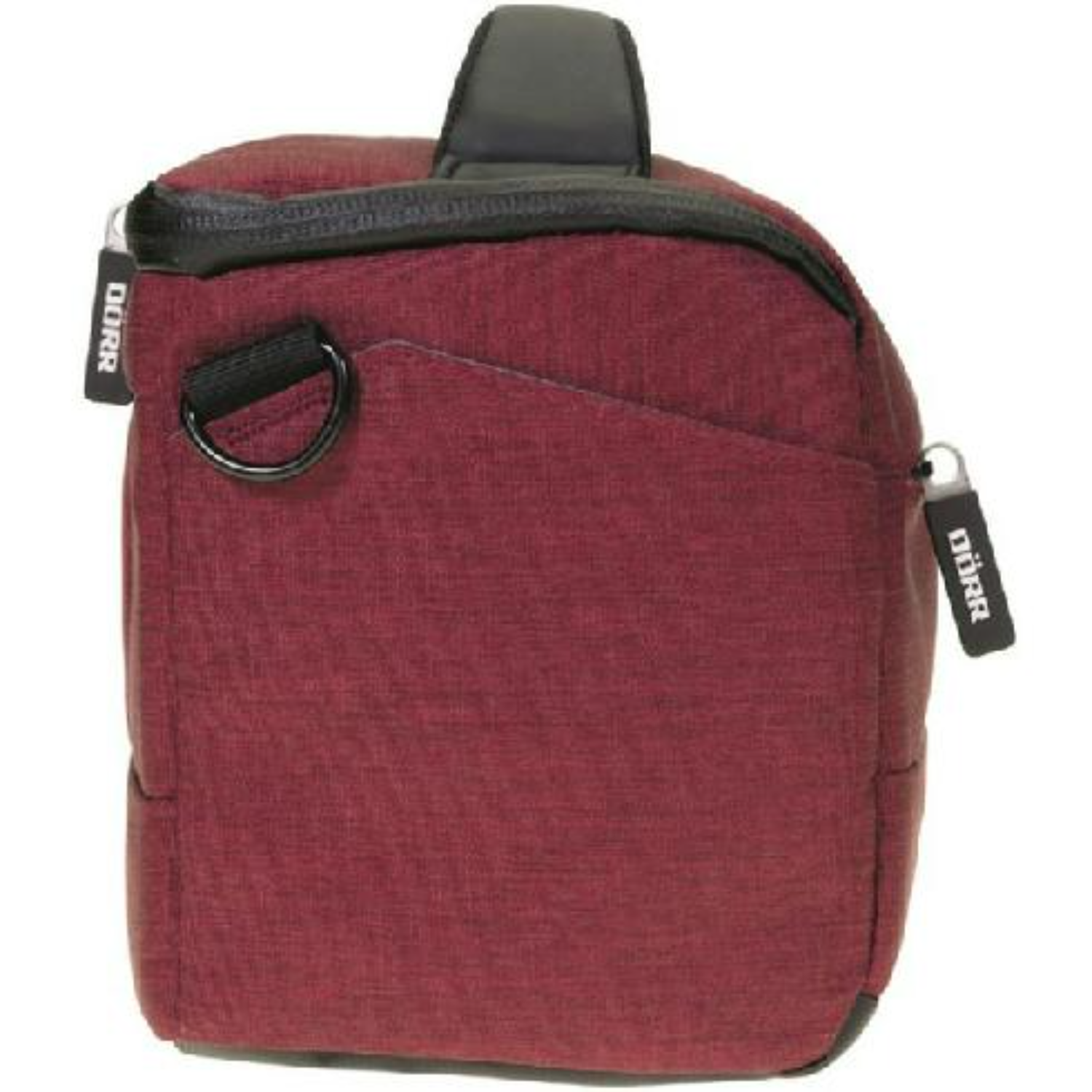 A maroon camera bag with a black strap and zippers, from Dörr.