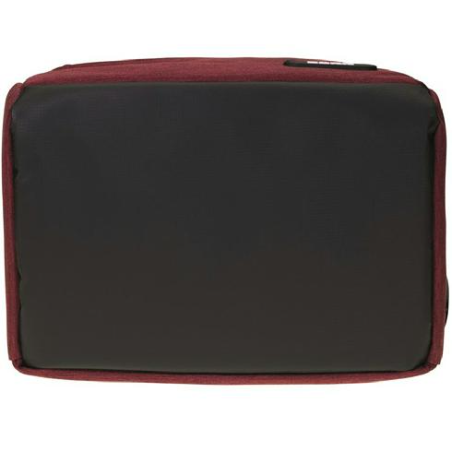 Maroon and black fabric bag, viewed from the bottom.