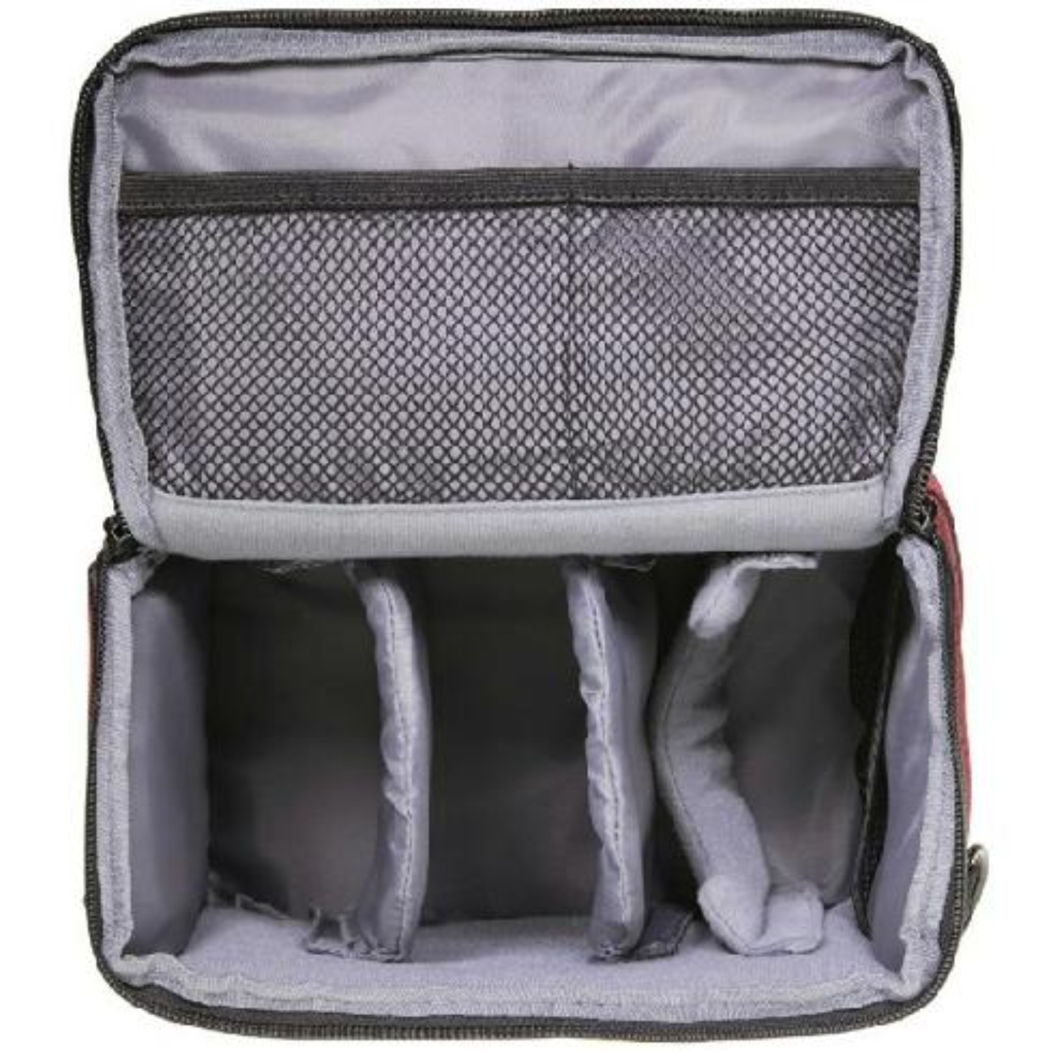 Camera bag interior with dividers and mesh pocket.