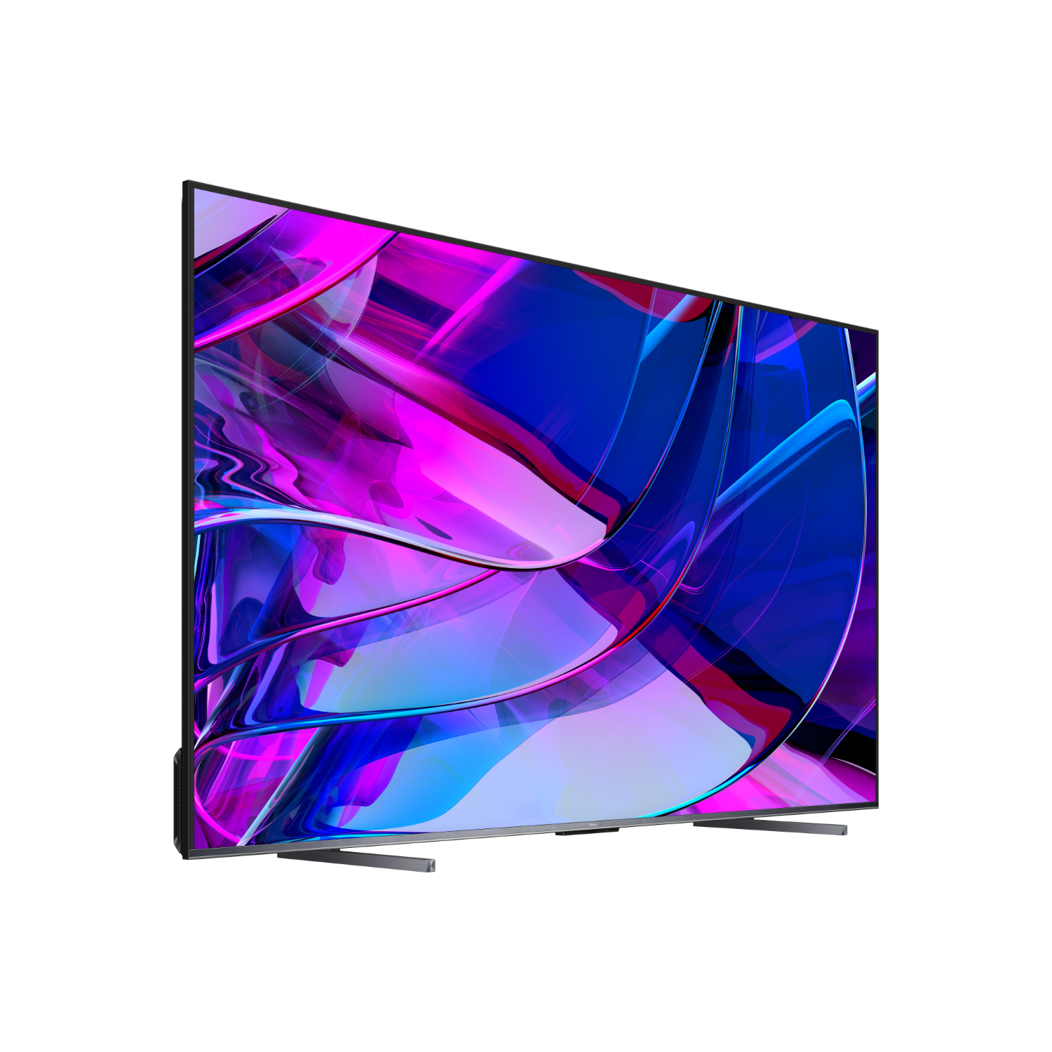 Een grote, moderne tv met een levendig, abstract ontwerp op het scherm, gemonteerd op een standaard.