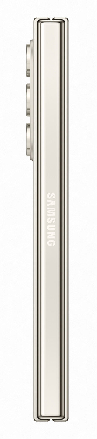 Widok z boku składanego telefonu, jasny kolor, z obiektywami aparatu i logo Samsung.