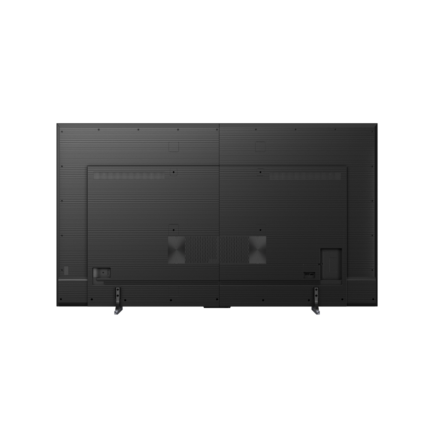 TV-achterkant, zwart met rasterpatroon. Verschillende connectoren en ventilatieopeningen. Witte achtergrond.