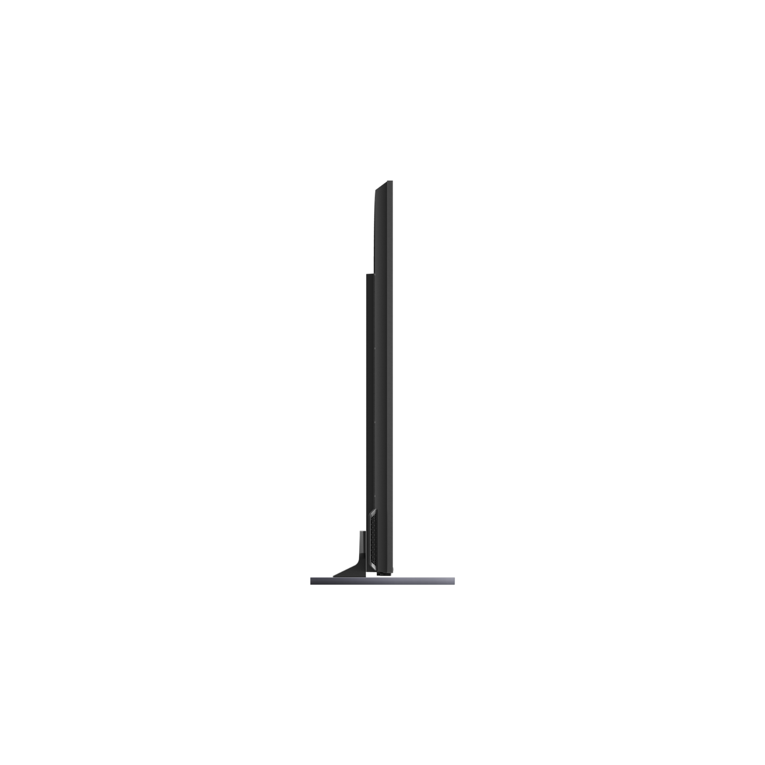 Een zijaanzicht van een tv op een standaard.
