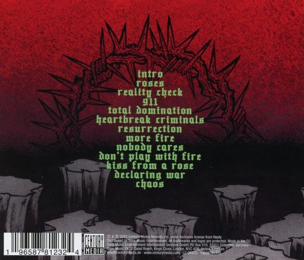 CD-Cover mit Songtiteln und Credits, zentriert auf rotem und schwarzem Hintergrund.