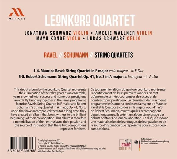 Rückseite des CD-Covers mit Text über Streichquartett, Ravel- und Schumann-Musik.