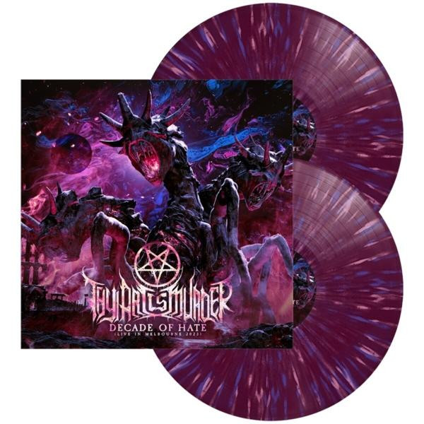 Albumcover und zwei Vinylplatten. Das Cover zeigt ein Monsterbild und Text. Die Platten sind lila.