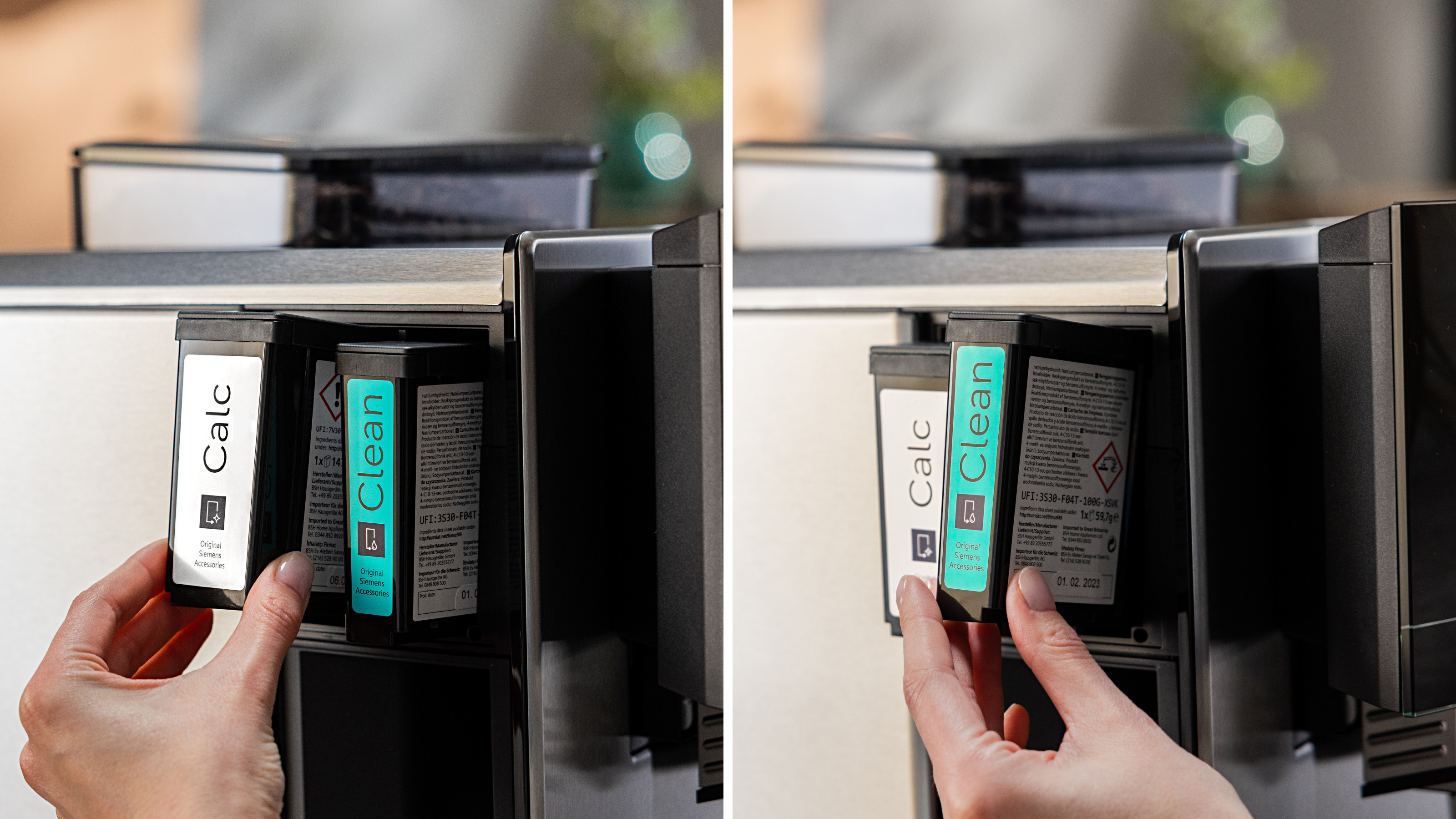 Zwei Bilder zeigen das Einsetzen der Calc- und Clean-Kartuschen in eine Kaffeemaschine. Silberne Maschine.