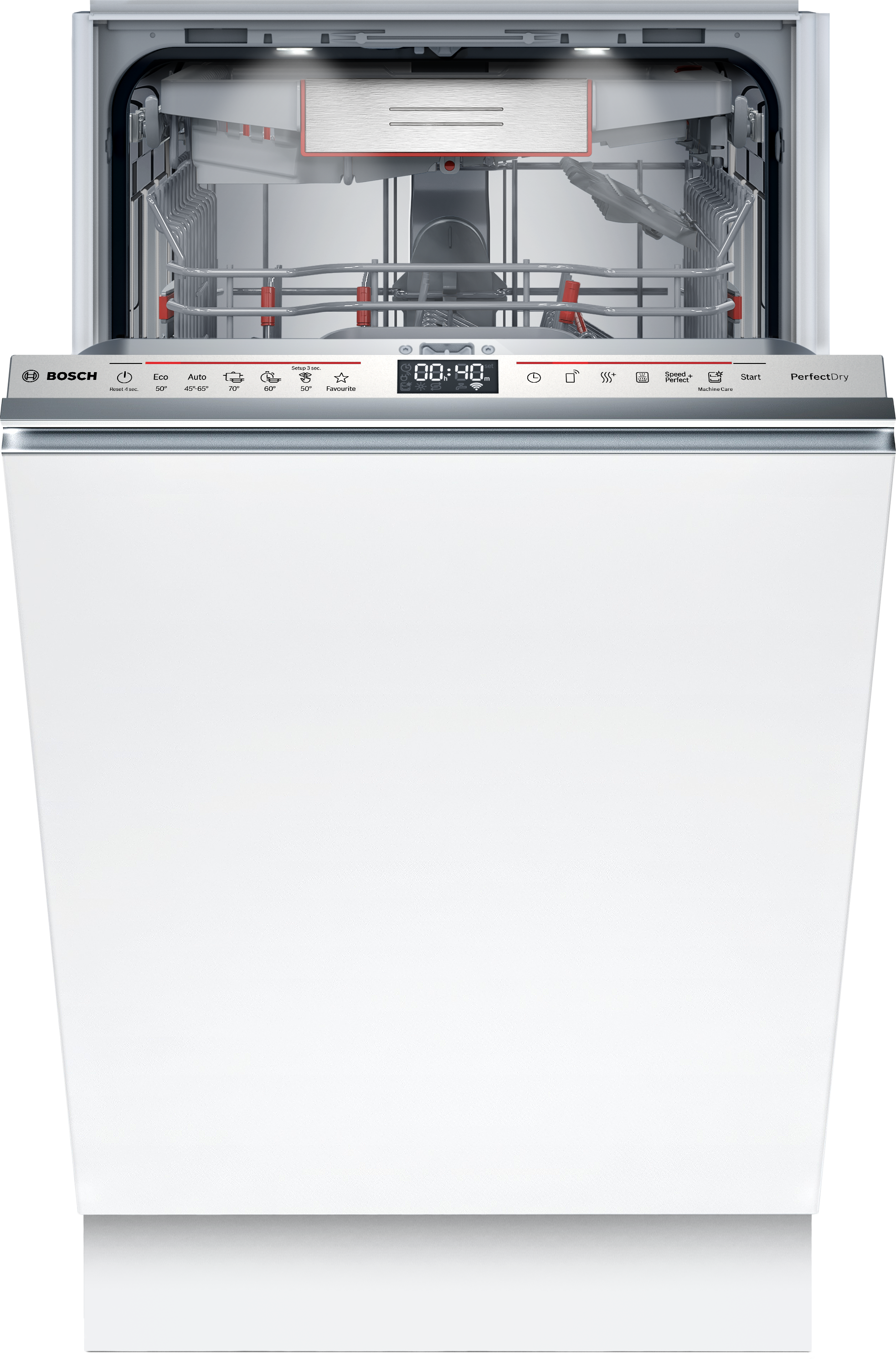 Weißer Bosch Geschirrspüler mit offener Tür. Er hat ein digitales Display und Bedienfeld.