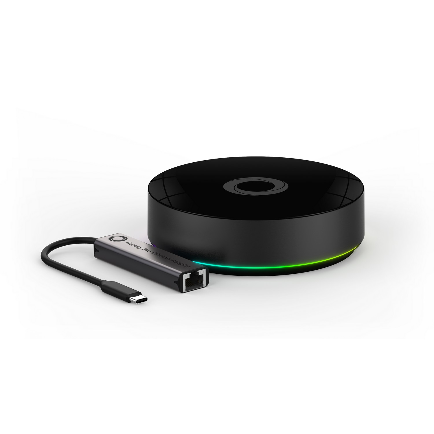 A black router with a black cable and a USB-C connector. A colored light is at the bottom.