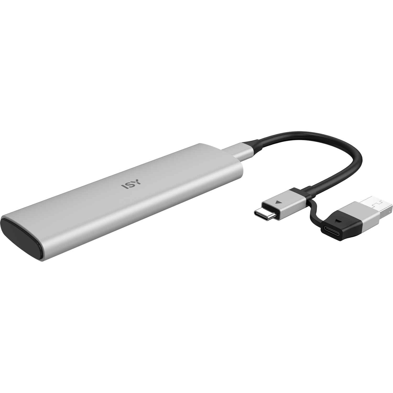 Silver ISY adapter with USB-C and USB connectors.