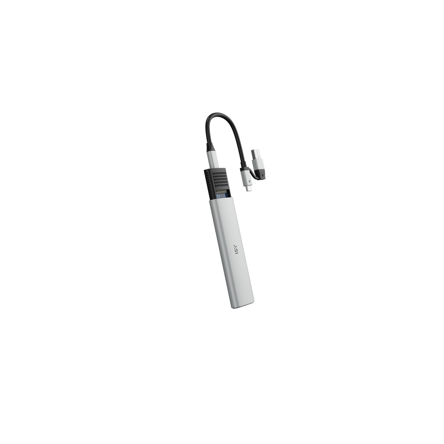 Silver USB-C hub with a black cable and a small white background.