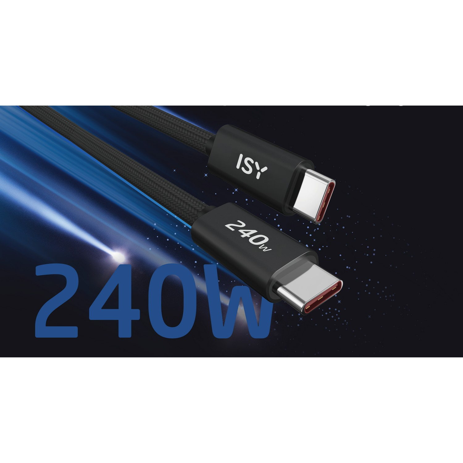Black USB-C cable with 240W label, brand ISY. Connectors are red. Blue light effect background.