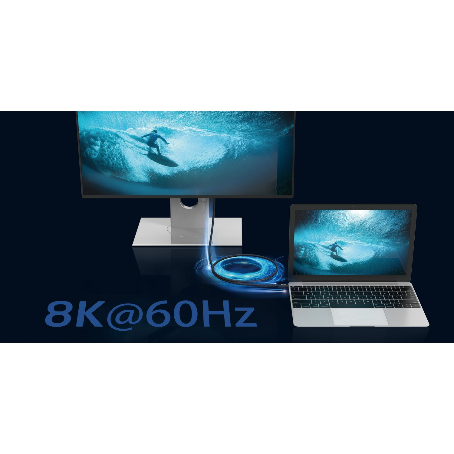 A laptop is connected to a large monitor. The monitor shows a surfer in the water. The words 8K@60Hz.