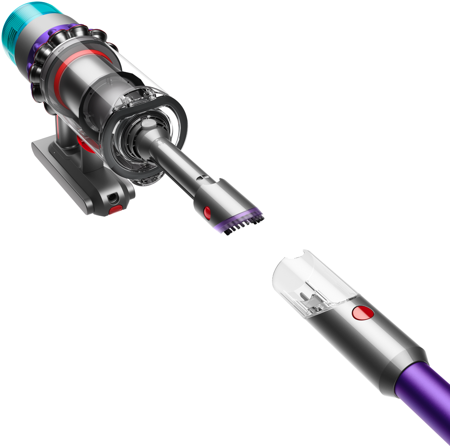 Dyson Staubsauger mit abgenommenen Aufsätzen, zeigt rote, lila und transparente Teile.