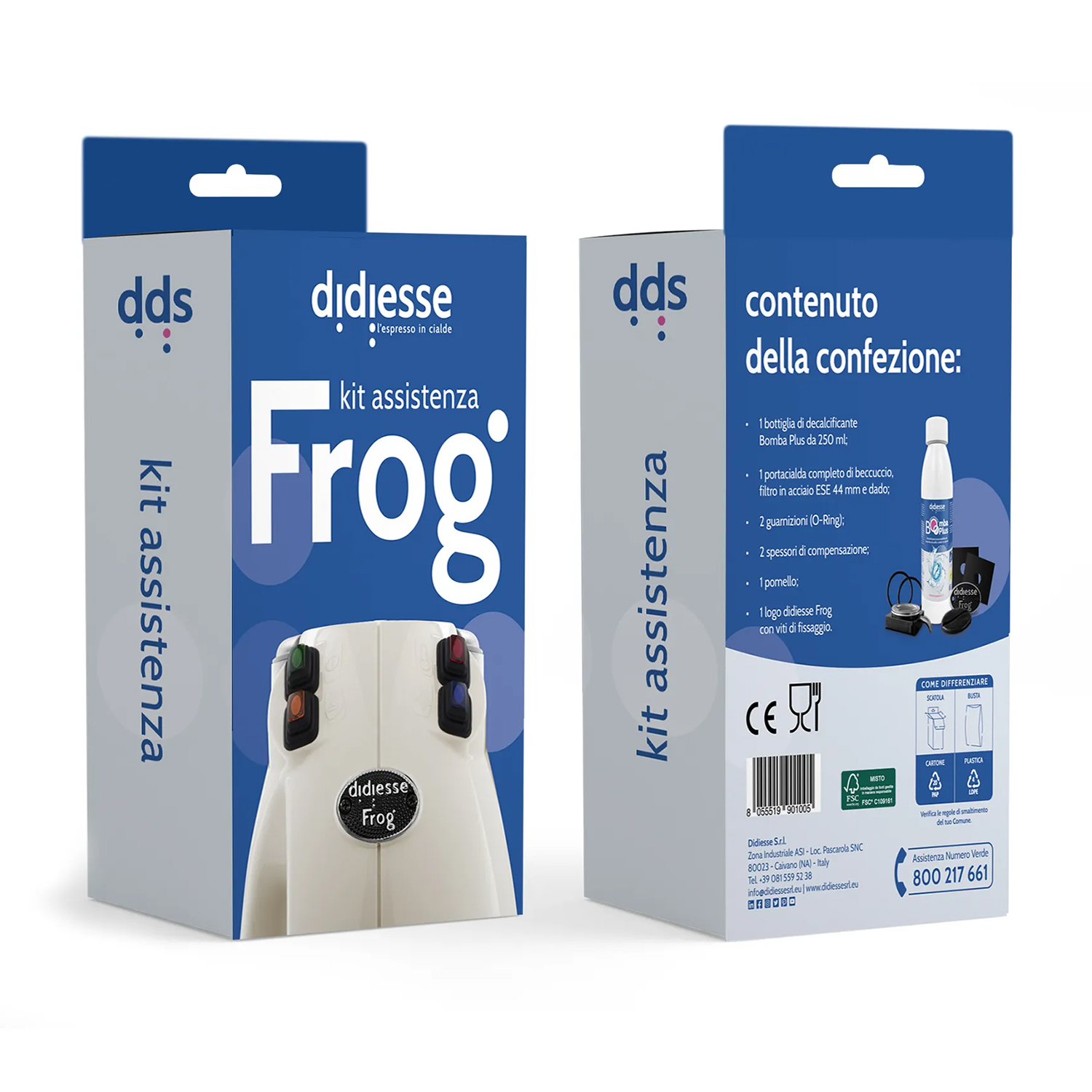 Due scatole di un kit per macchina da caffè, con una macchina bianca e testo con accenti blu.