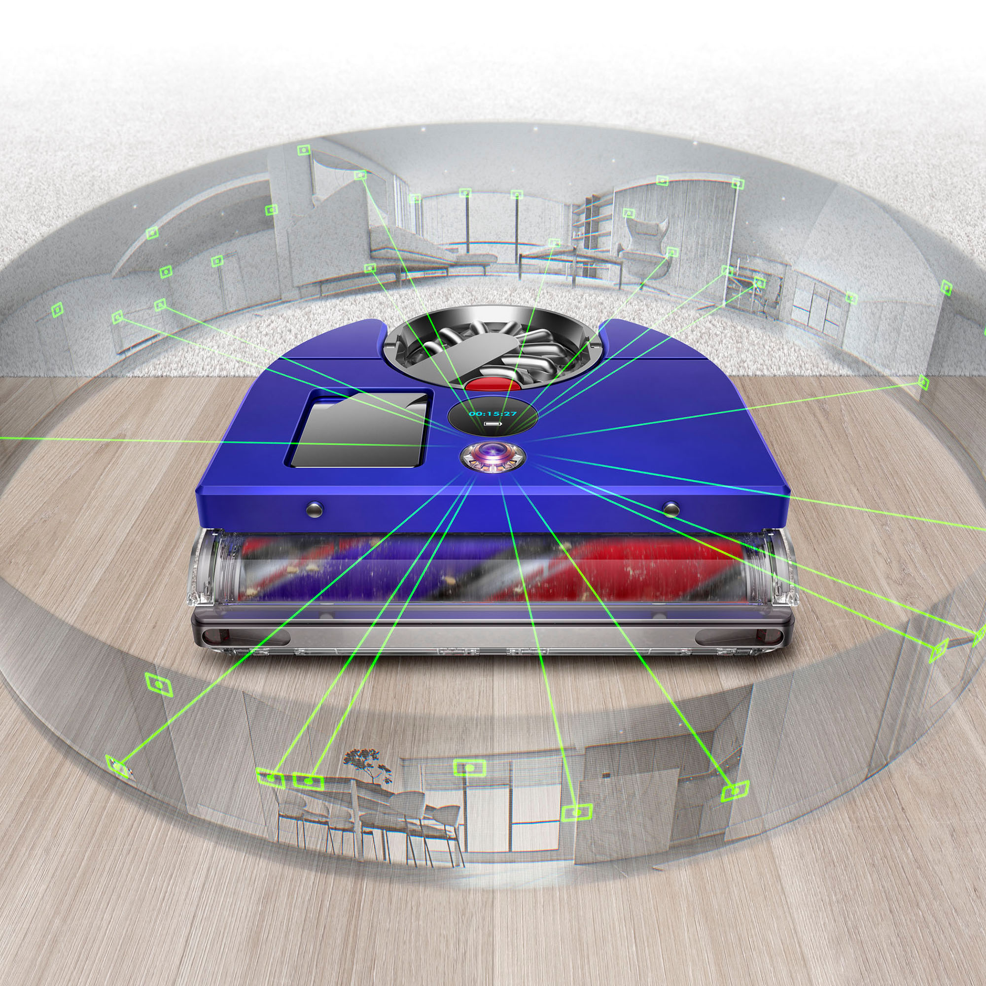 Aspirateur robot avec un dessus bleu, pièce réfléchie.