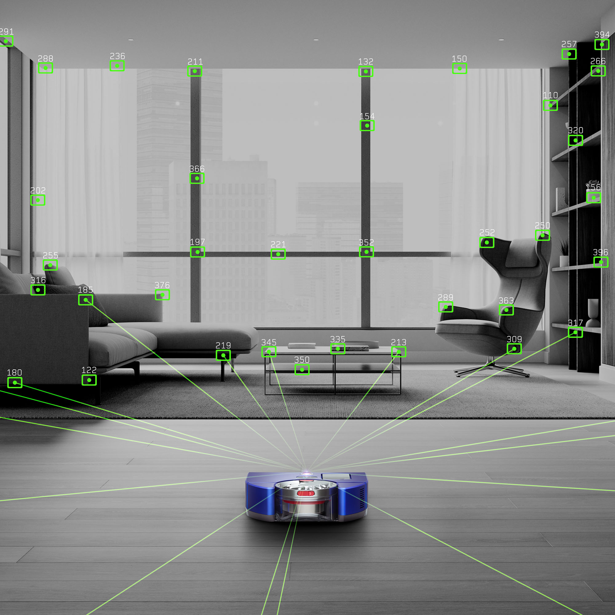 Un aspirateur robot nettoyant une pièce, avec divers marqueurs verts.