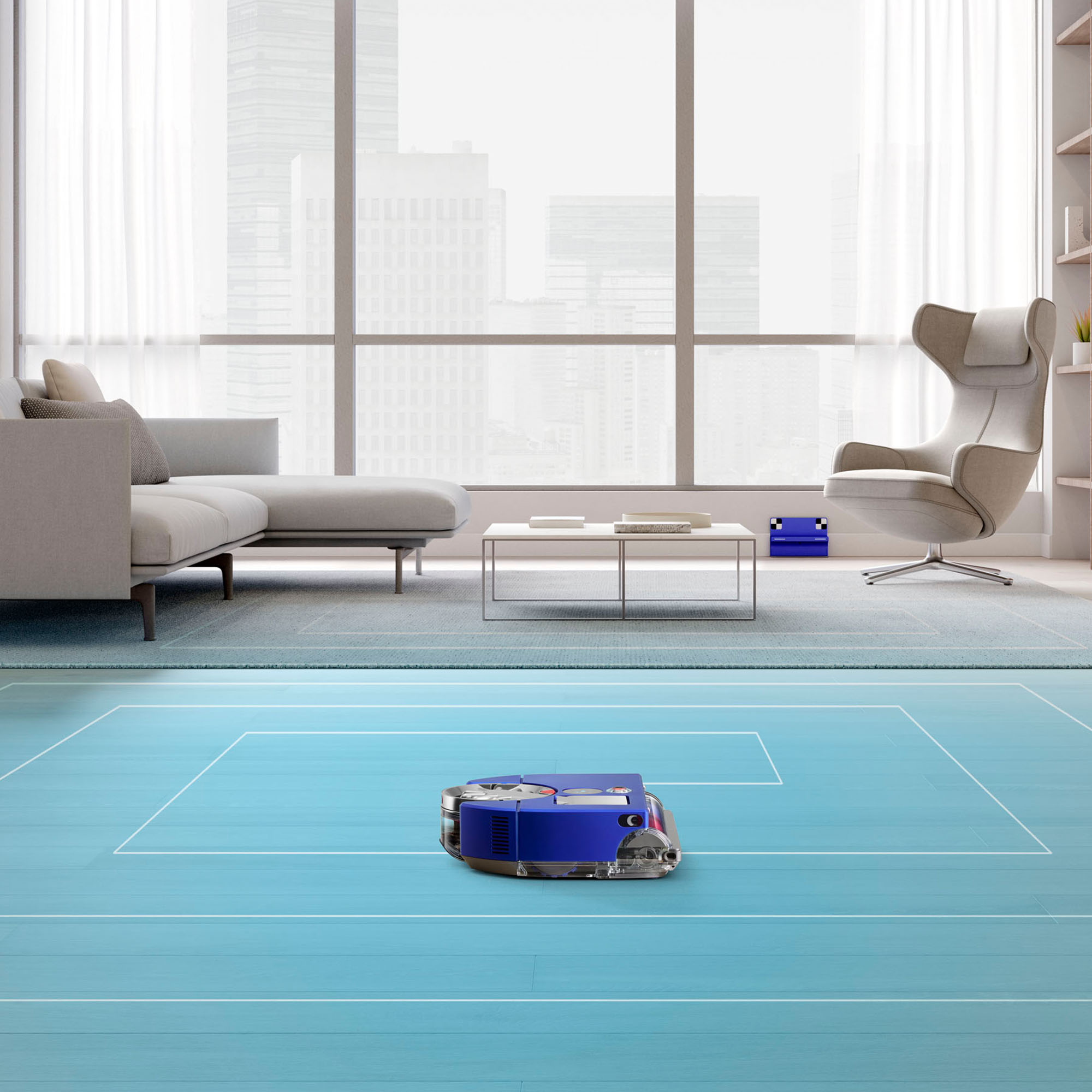 Un aspirateur robot bleu nettoyant un sol bleu dans un salon avec des fenêtres.