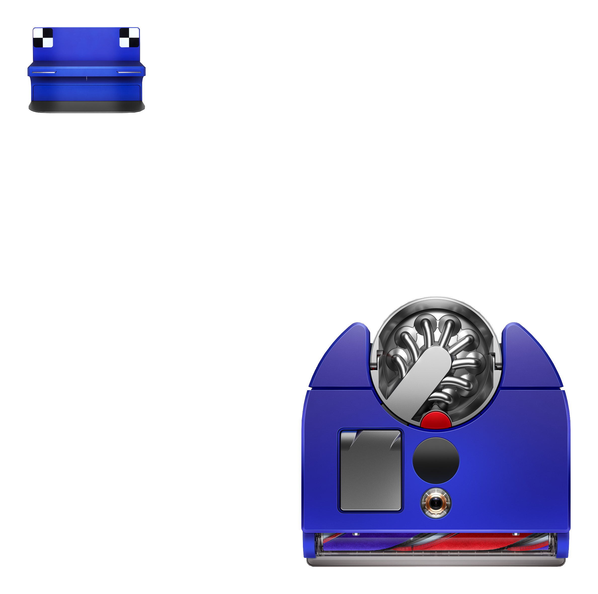 Vue de dessus d'un aspirateur robot Dyson bleu, avec un composant plus petit à gauche.