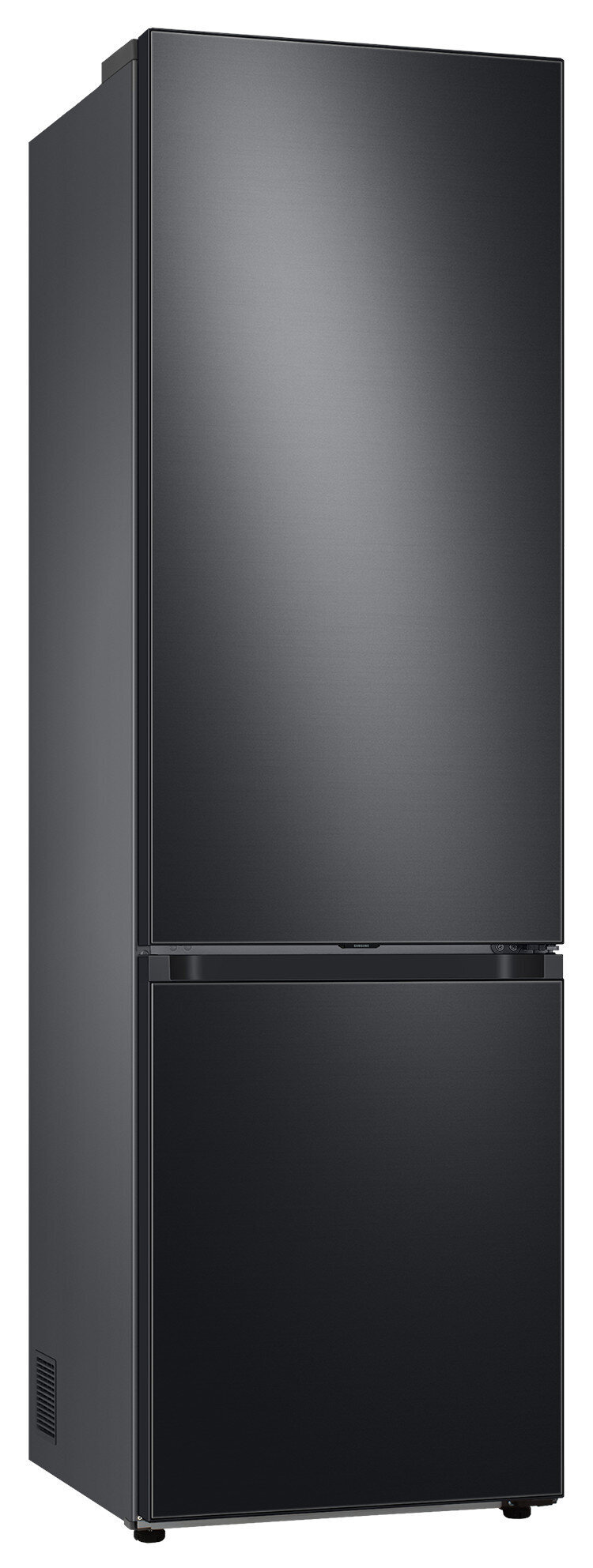 Czarna lodówka z dwiema drzwiami, dolną zamrażarką i eleganckim designem.