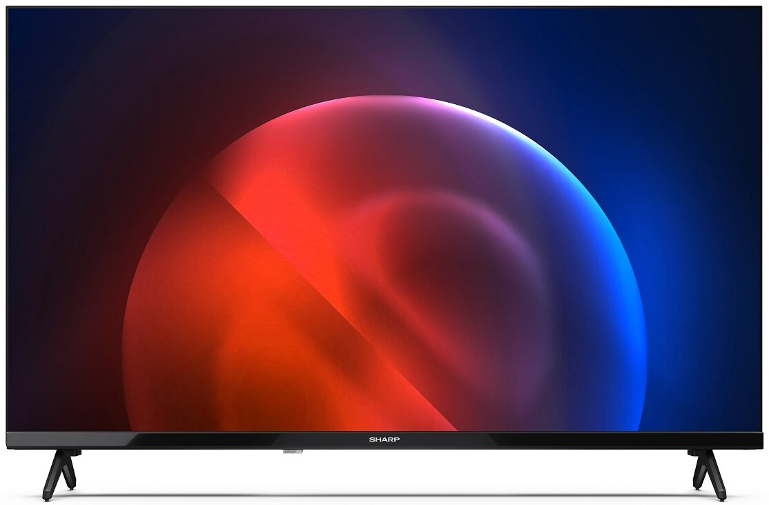 Telewizor Sharp Smart z dużym, abstrakcyjnym, kolorowym wyświetlaczem. Ciemne tło i podstawa.