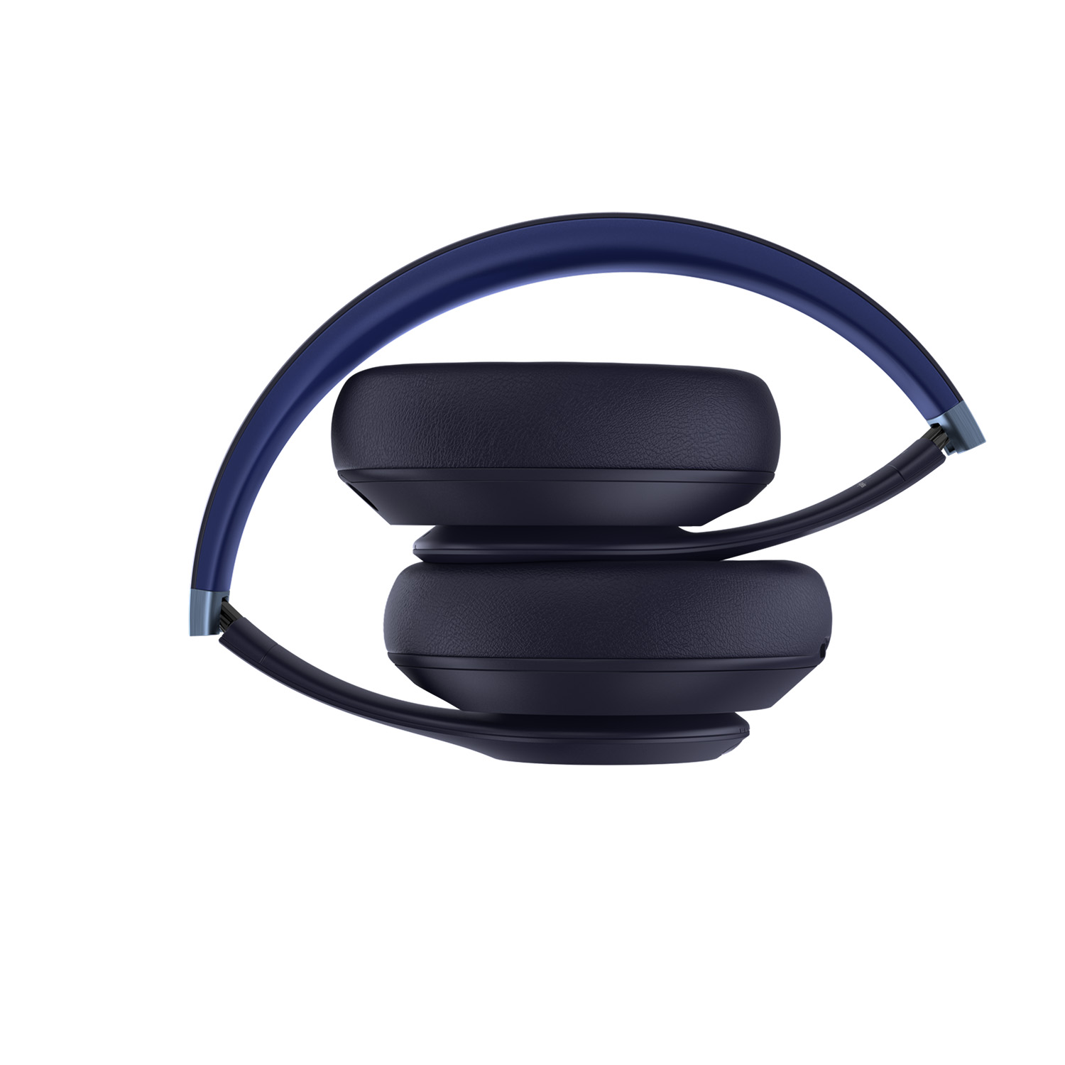 Auriculares plegados azules y negros, aislados sobre fondo blanco.