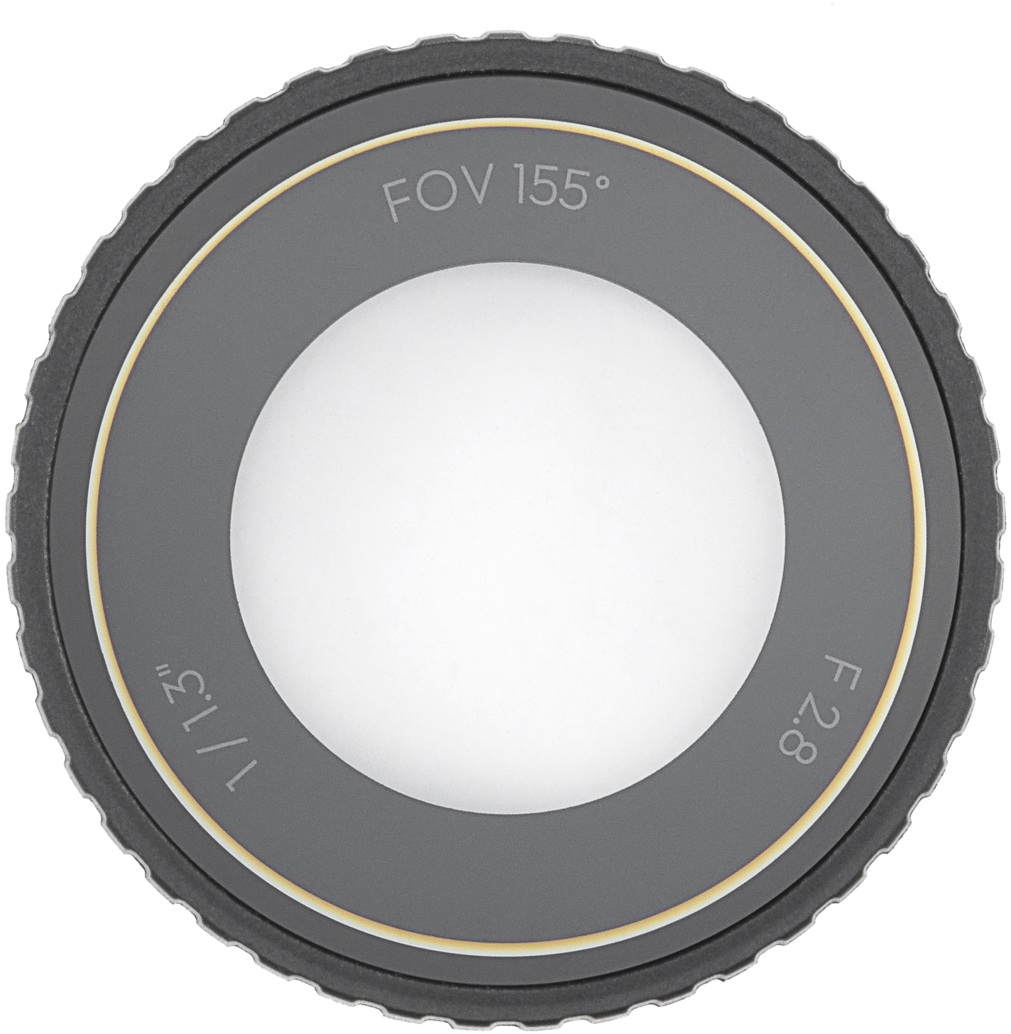 Egy fényképezőgép objektívje szöveggel: FOV 155°, 1/1.3 és F2.8. Az objektív sötétszürke és fekete.