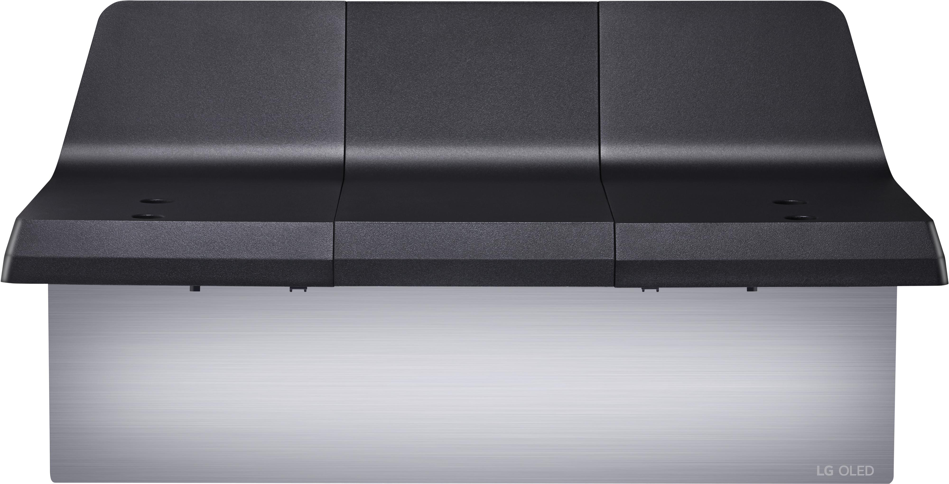 Schwarzer und silberner LG OLED TV-Ständer, Draufsicht, mit strukturierter schwarzer Oberfläche und Metallbasis.