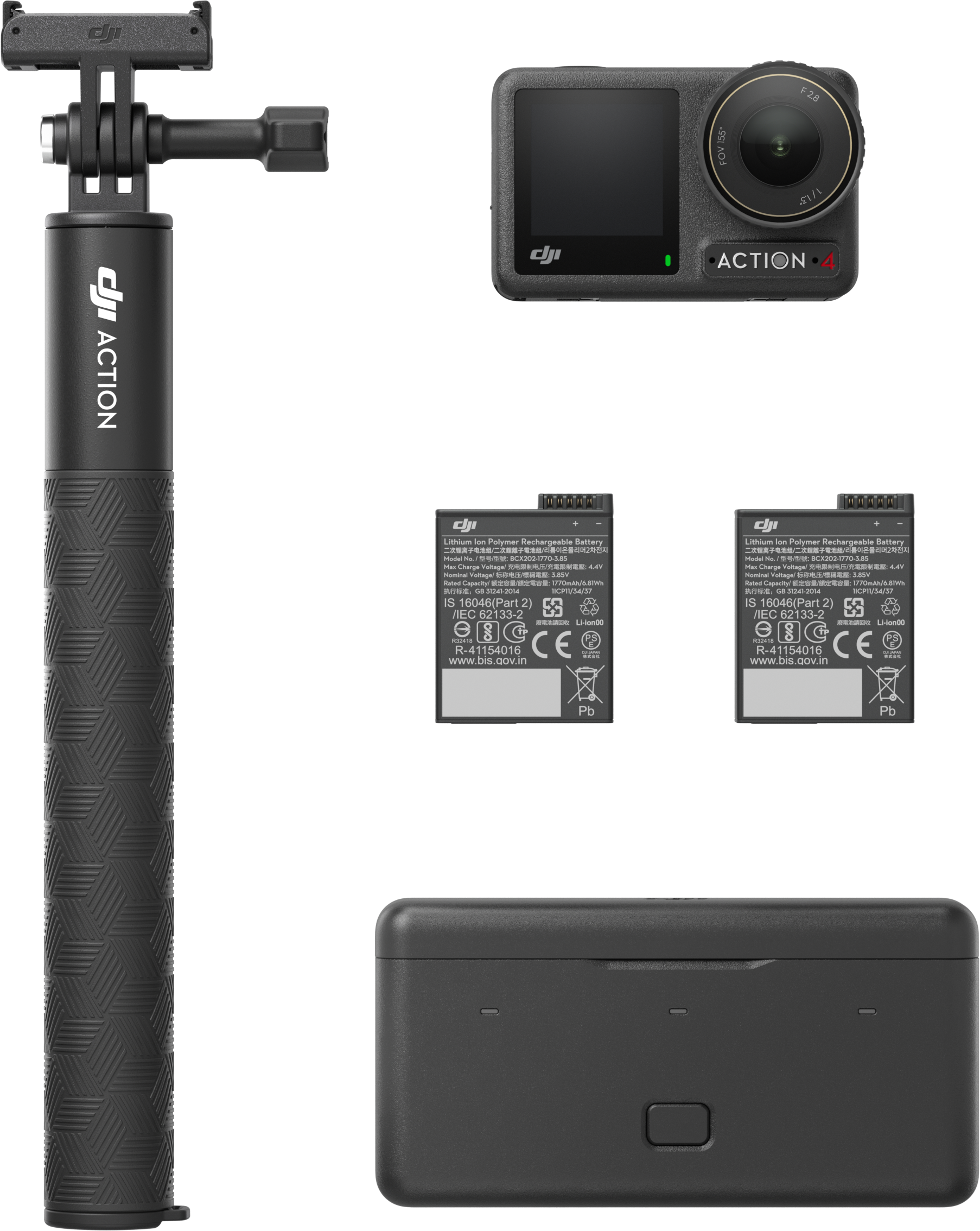 DJI Action 4 kamera készlet tartozékokkal: fogantyú, akkumulátorok, töltő és kamera.