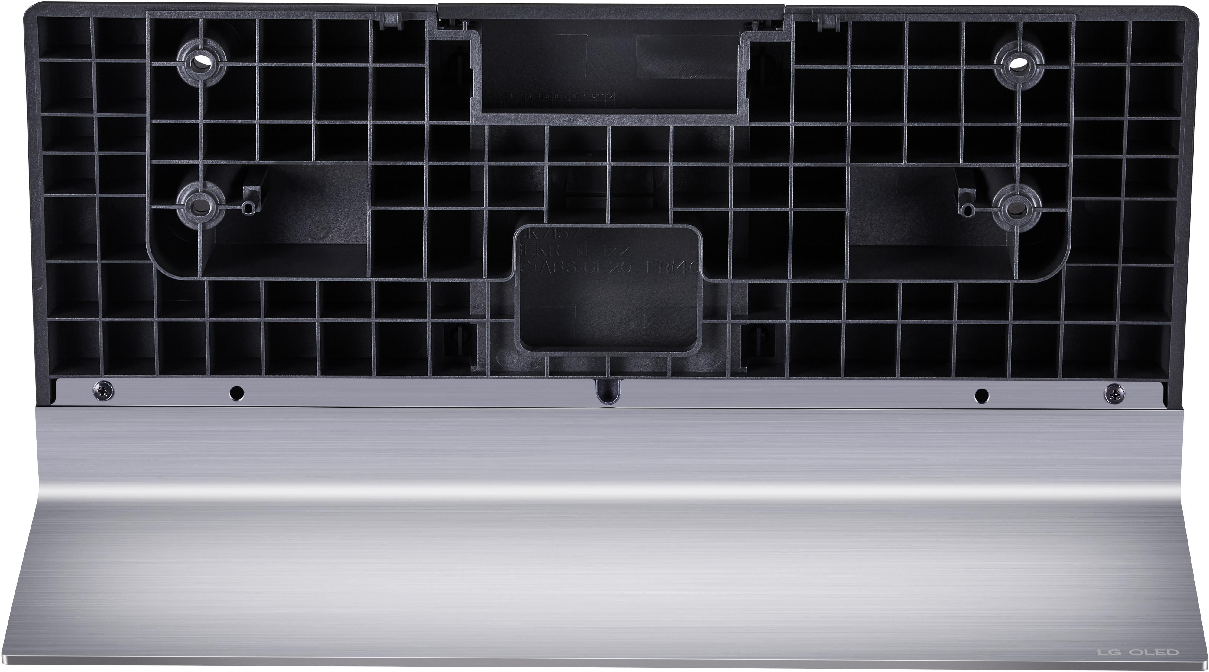 LG OLED TV-Standfuß. Schwarzes Kunststoffgitter und silberne Metallfront.