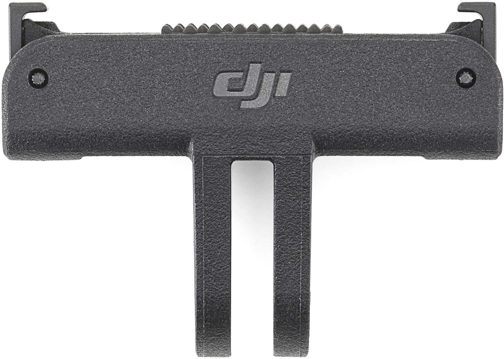 Fekete DJI drón tartó, T-alakú, logóval. Fehér háttér.