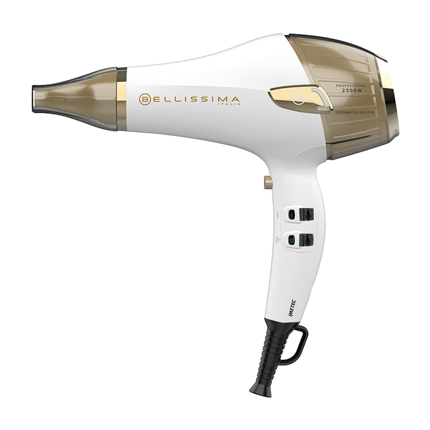 Asciugacapelli bianco e oro, controlli e manico visibili. Sfondo bianco.