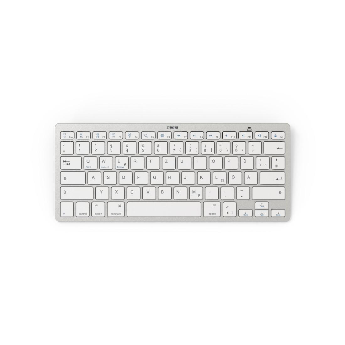 Silberne Tastatur, Draufsicht. Enthält Tasten und das Wort "hama".