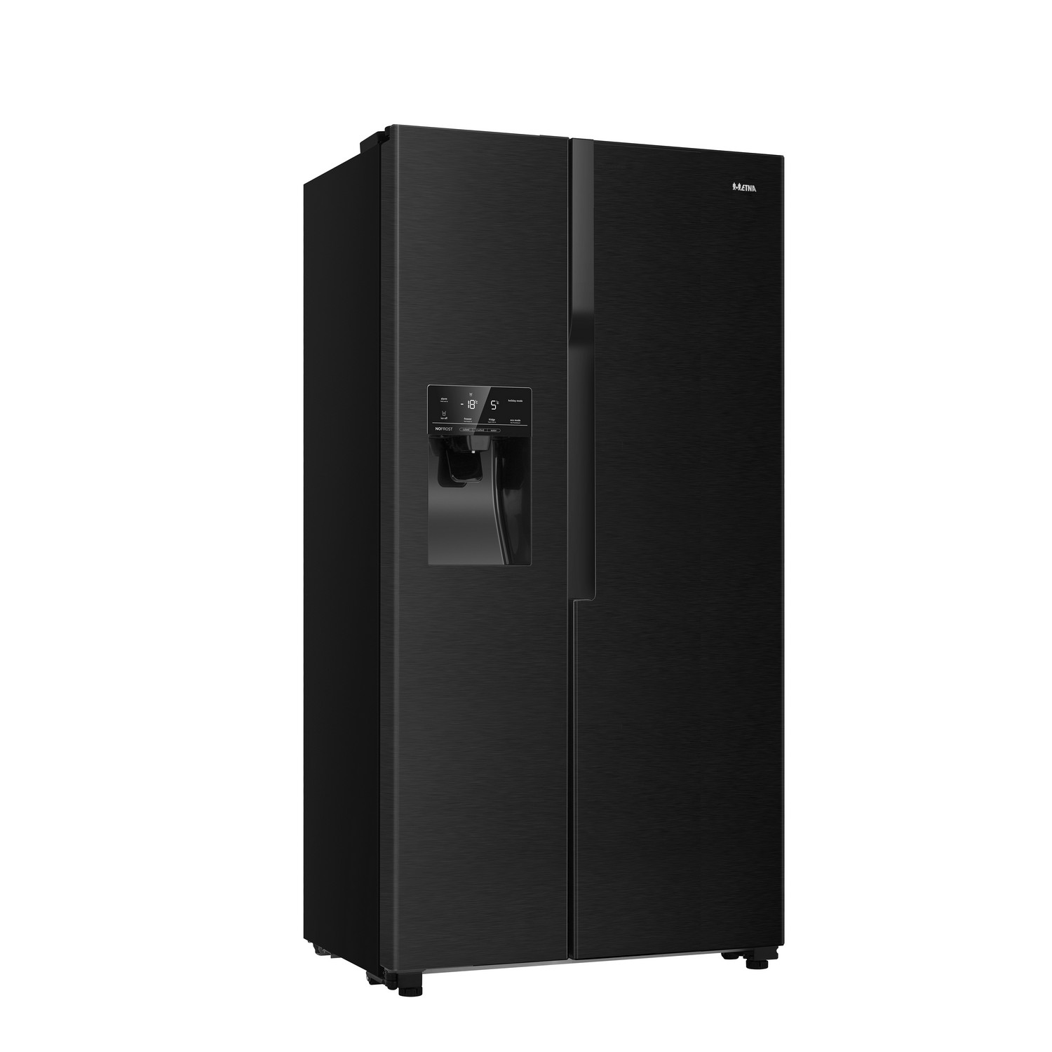 Black side-by-side refrigerator with water dispenser, isolated on white background.