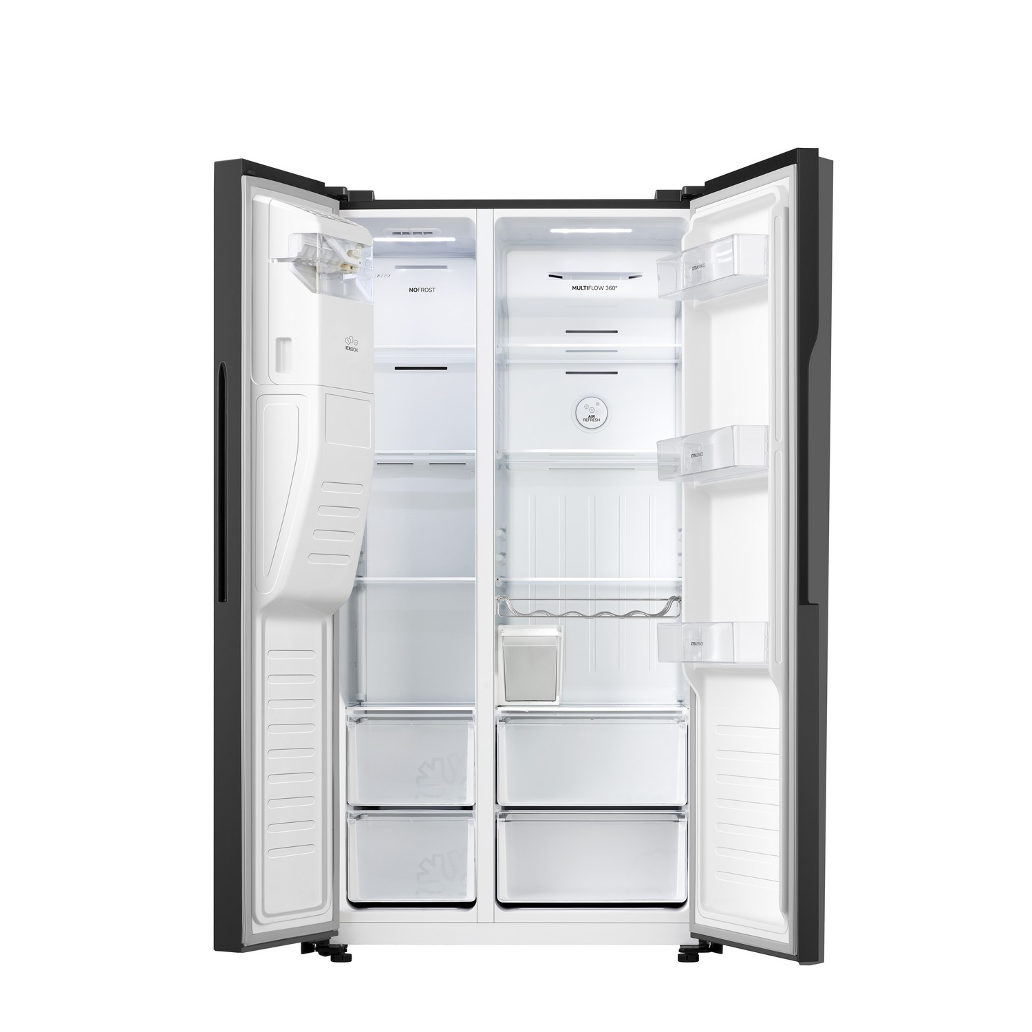 An open black refrigerator showing the interior with shelves and drawers.