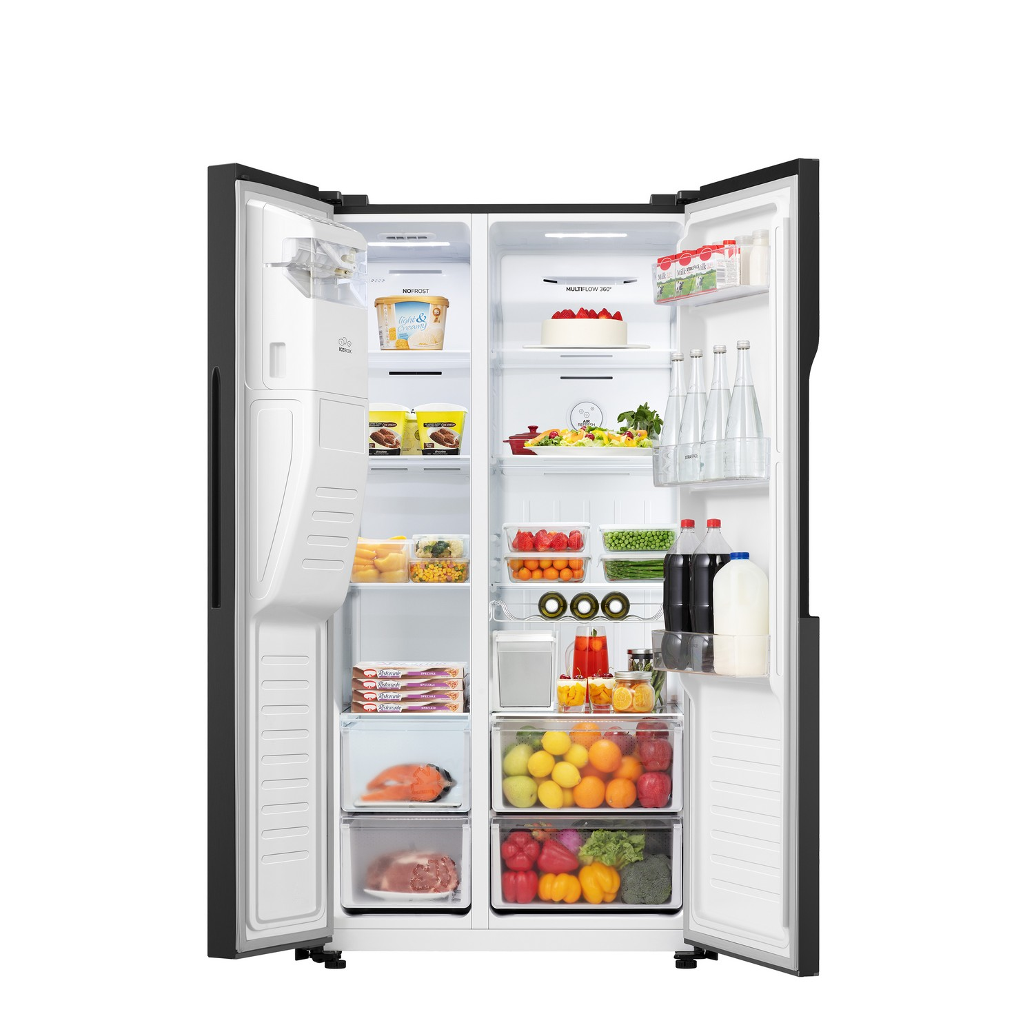 A refrigerator with both doors open, filled with food and drinks.