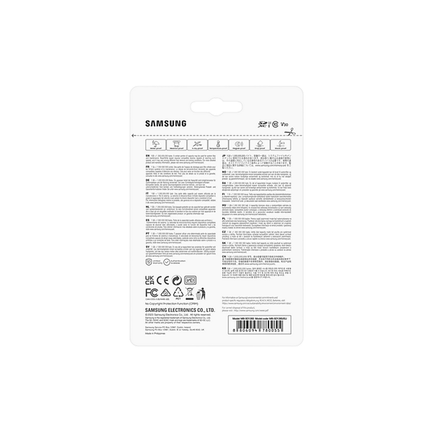White Samsung product packaging with text and icons. Back side view.