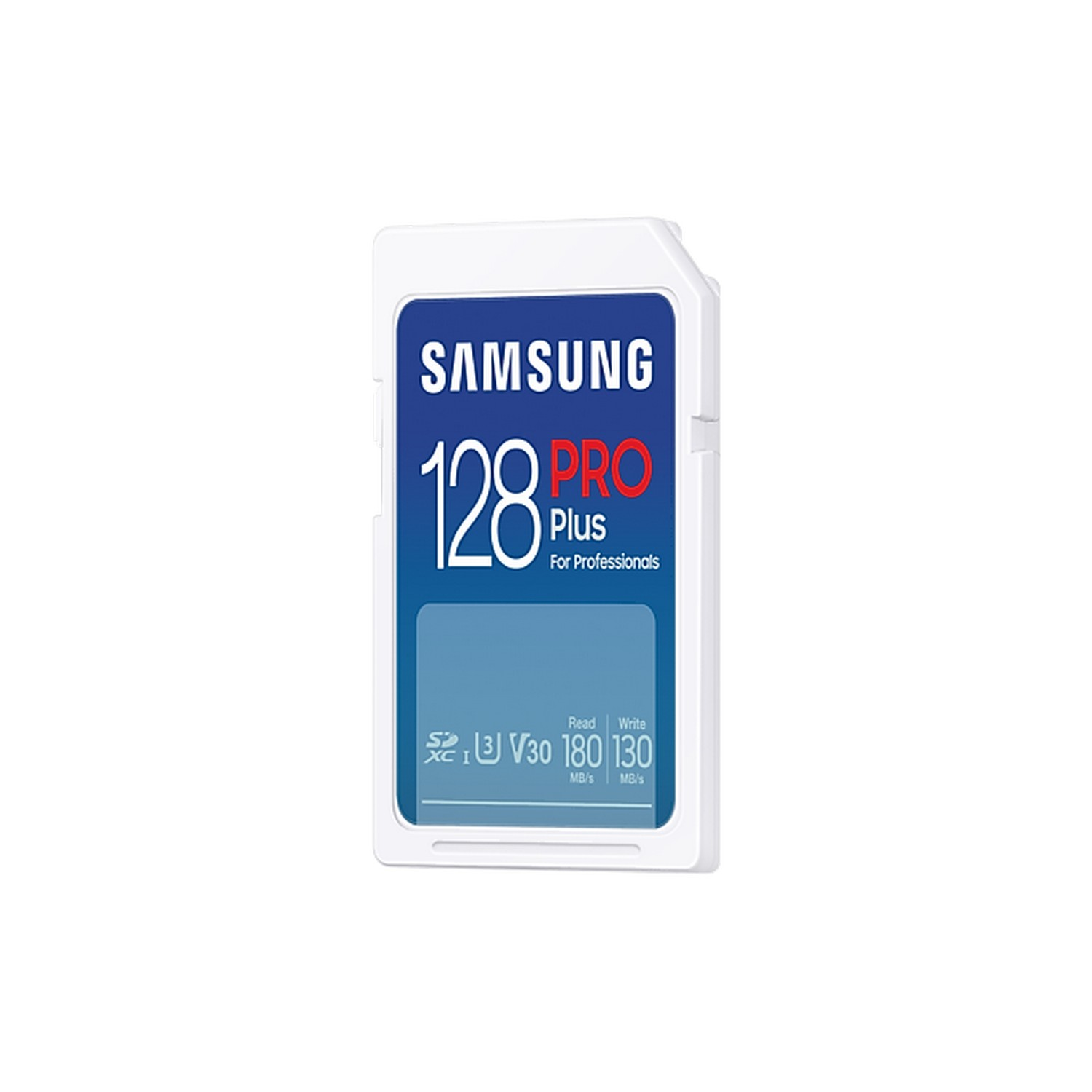 White and blue SD card, text and logo visible. White background.