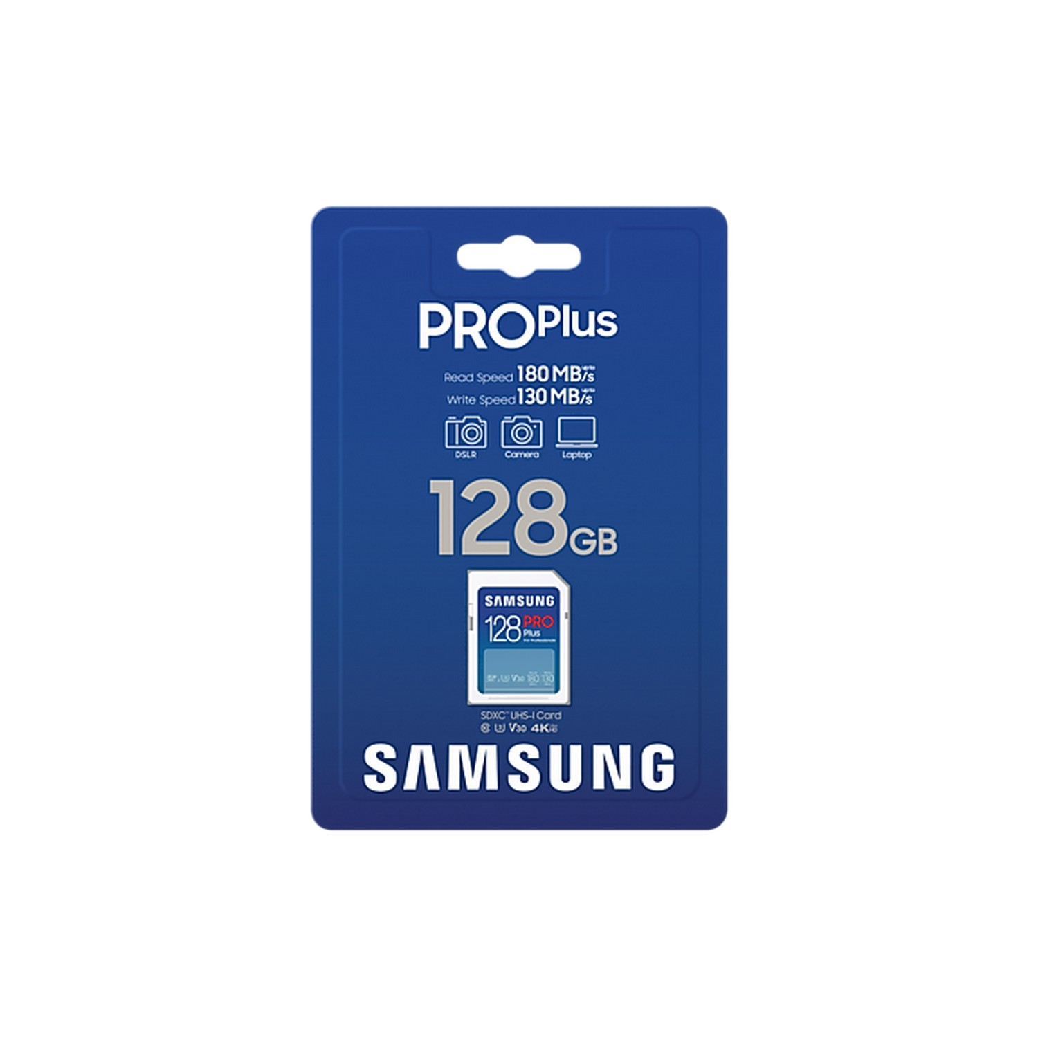 A Samsung 128GB Pro Plus SD card in its packaging.