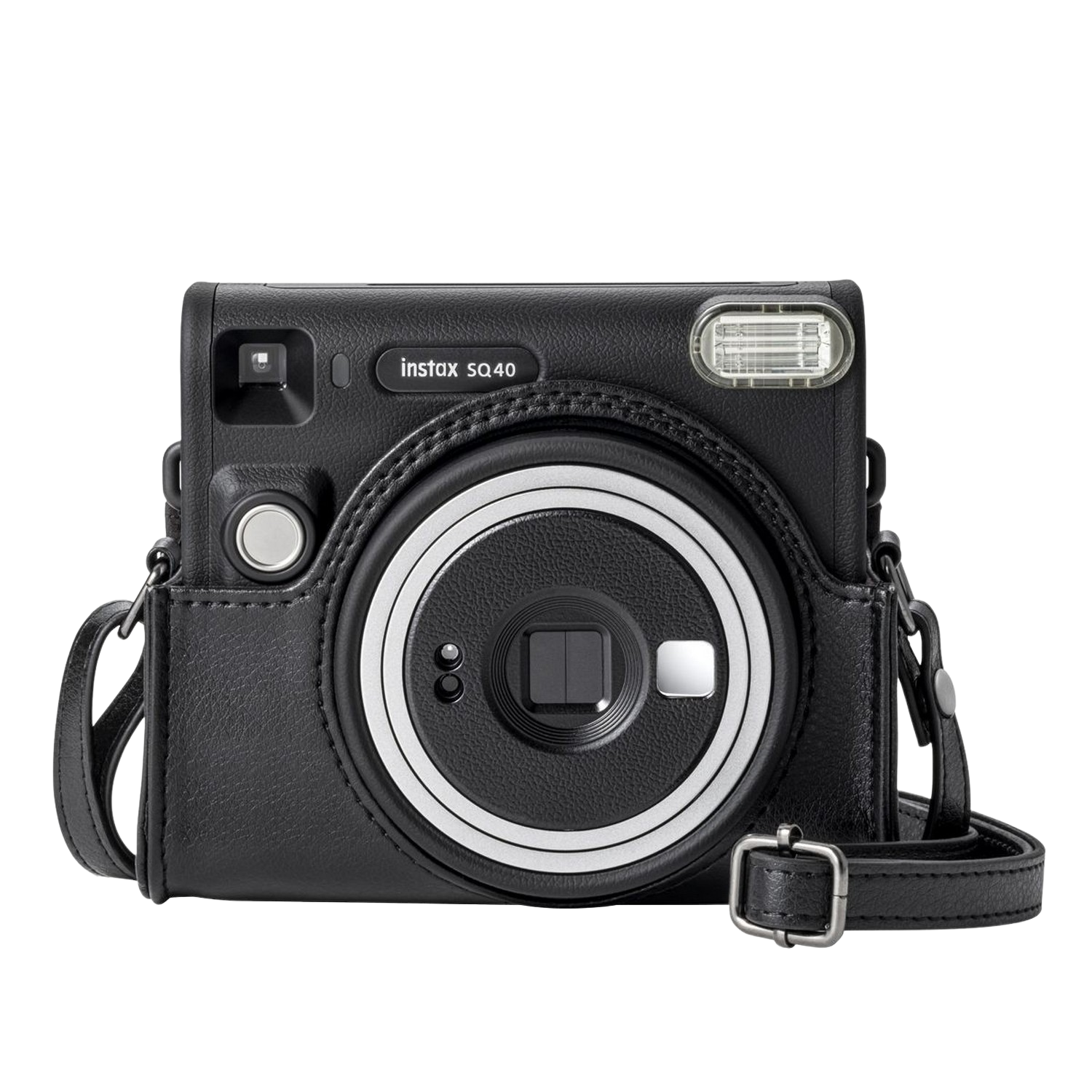 Zwarte instax SQ40 camera met leren hoes en riem. Zilveren lensring en flitser zichtbaar.